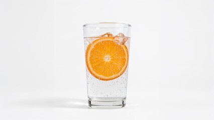 A glass of water with ice and a slice of orange. Refreshing beverage with fruits and cold temperature. Citrus fruit and hydration concept.