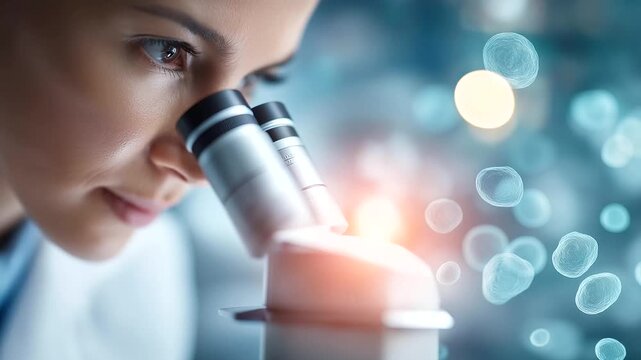 Personalized medical technology scientist examining defocused cell samples, faceless microscope work, laboratory visualization detail, blurred research background, innovation conce