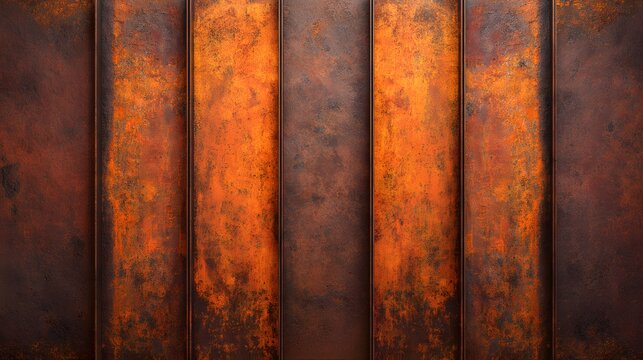 Vertical metal panels display a rich texture of deep orange and dark brown oxidation