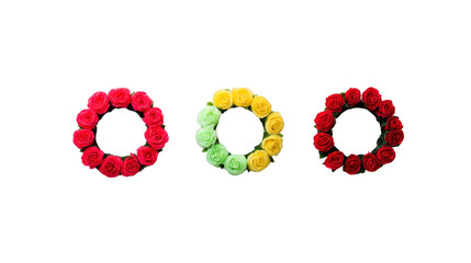 Red rose wreath, green rose wreath, yellow rose wreath, and dark red rose wreath arranged in row on transparent background, symbolizing celebration and elegance