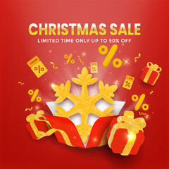 Christmas Sale Banner With Golden Snowflake, Gifts, Vouchers, And Bright Discount Symbols
