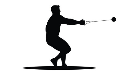Male athlete silhouette performing hammer throw technique, preparing to release heavy ball on wire, dynamic sports vector art, competition graphic, isolated on white background