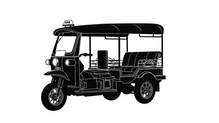 Fototapeta premium Black and white silhouette vector illustration of a classic Thai Tuk Tuk auto rickshaw taxi with detailed wheels and canopy, graphic design, isolated on white background