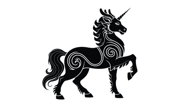 Black heraldic unicorn silhouette with ornate swirling tribal patterns and sharp horn, rearing pose, mythical creature vector art, logo design, isolated on white background