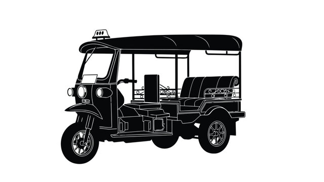 Black and white silhouette vector illustration of a classic Thai Tuk Tuk auto rickshaw taxi with detailed wheels and canopy, graphic design, isolated on white background