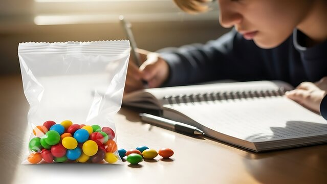 Teenager Studying with Notepad Pen and Bag of Colorful Candies on Desk in Bright Room