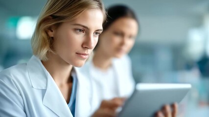 Two scientists work in lab defocused together analyzing, faceless team collaboration, tablet visualization detail, blurred laboratory background, medical concept, research interfac - Powered by Adobe
