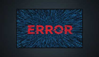 Computer screen displaying a prominent red error message, indicating a critical system failure or technical issue with data processing over a background of falling binary code