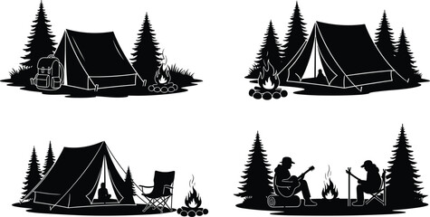 Night Camping Silhouette Vector Set, Isolated Illustrations of Campfire, Tent, Pine Forest Trees, and People Playing Guitar and Relaxing in the Wilderness