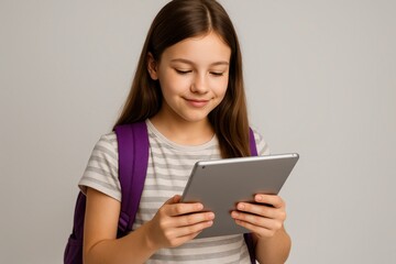 Focused Student and Tablet: A focused young student with a purple backpack engrossed in learning via a tablet, showcasing the integration of modern technology in education. 