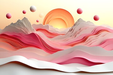 Paper layered mountain landscape with rugged peaks and valleys featuring a concentric ring sun and faceted spheres