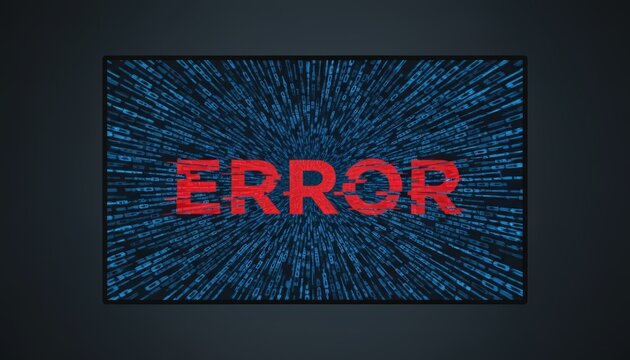 Computer screen displaying a prominent red error message, indicating a critical system failure or technical issue with data processing over a background of falling binary code