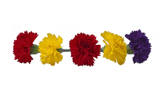 Red carnation yellow carnation purple carnation vibrant flower isolated colorful nature floral arrangement spring celebration cheerful mood