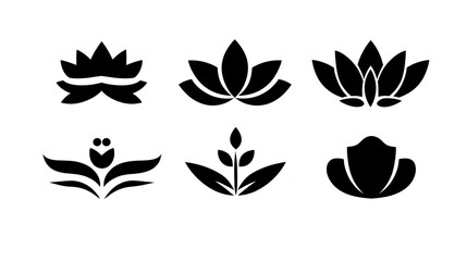 Lotus flower icon set featuring six minimalist black floral silhouettes, perfect for spa, wellness, yoga, and meditation themes, conveying calm and tranquility in modern style