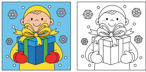 Cute cartoon boy holding Christmas gift box coloring page, vector illustration of happy child with winter present and snowflakes for kids activity book