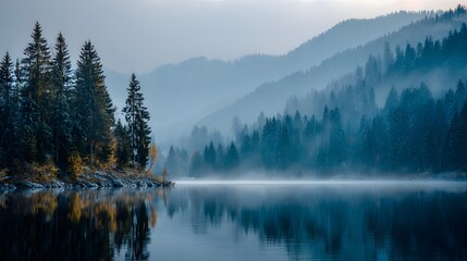 Serene alpine lake reflects dense forest shoreline shrouded in morning mist among layered mountains