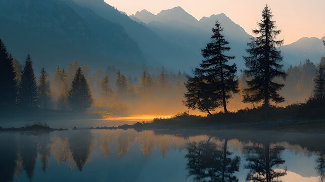 Serene alpine lake reflects misty forest and distant mountain peaks at sunrise