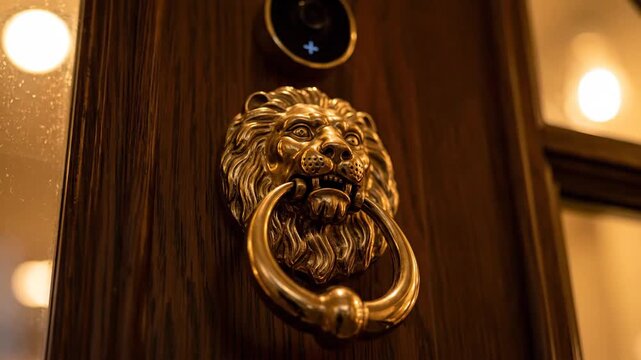Detailed lion head doorknocker mounted on a wooden door