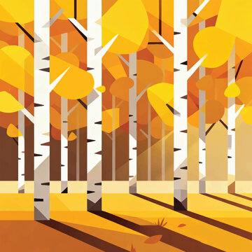 Illustration Of A Row Of Aspen Trees, Warm Autumn Light Vector Design Template