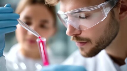 Young scientists with test tube defocused microscope making, faceless clinical laboratory, research visualization detail, blurred molecular background, chemistry concept, biology i - Powered by Adobe