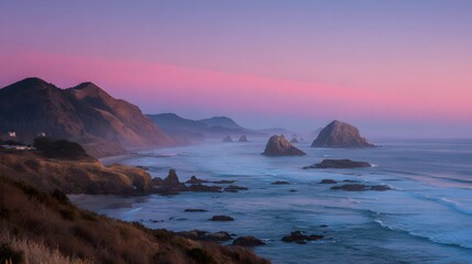 Coastal landscape displays dramatic rock formations against a vibrant twilight sky