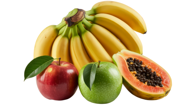 Selection of Tropical Fruits Featuring Bananas Apples and Papaya Still Life Composition Presented Against Gray Background for Healthy Food and Nutrition Related Concepts With Copy Space