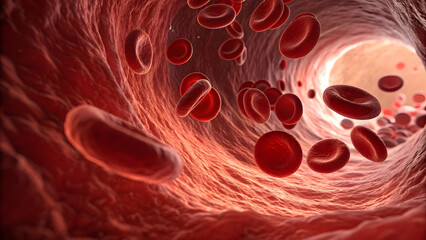 A dynamic, hyper-detailed cross-section of a human blood vessel pulses with life thousands of red blood cells—smooth, biconcave discs in deep crimson and ruby-red—flow in seamless