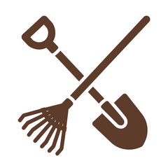 Brown garden shovel and rake crossed on white background tool gardening