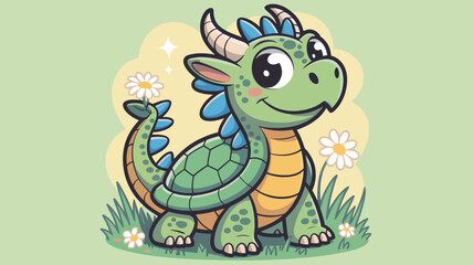 Obraz premium A cute cartoon dragon with green scales and blue spikes smiles cheerfully amidst a field of daisies.