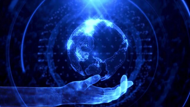 Futuristic 3D animation of a digital wireframe hand holding a glowing holographic earth globe surrounded by data rings symbolizing global network technology - Powered by Adobe