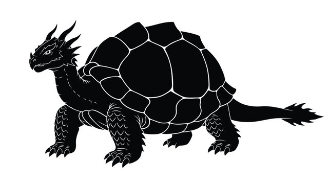 Black silhouette of a fearsome dragon turtle hybrid creature with sharp horns and a large shell, mythical beast profile, flat vector art, logo design, isolated on white background