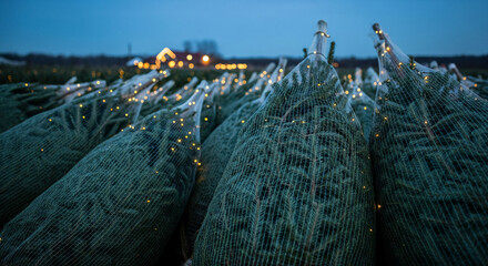 Rows of packaged evergreen trees with string lights, evoking anticipation of holiday season and festive atmosphere, ready for transport and decoration
