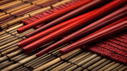 Several pairs of polished deep red eating utensils rest diagonally across a woven mat