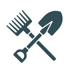 Dark teal shovel and rake crossed on white background garden tool
