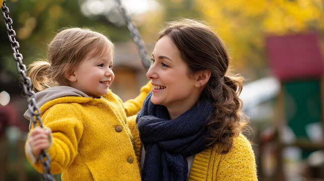 Parent and youngster sharing joyful moment on playground swing faceless mother child defocused outdoor background inclusive play scene developmental recreation family bonding