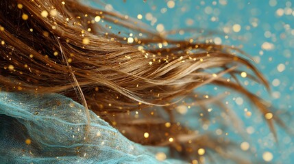 Flowing brown hair adorned with shimmering golden particles against a bright blue background