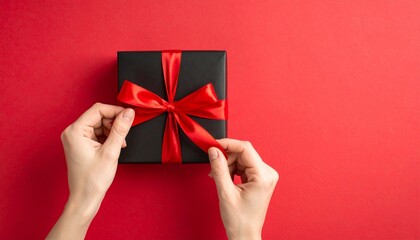 Fotografía en primera persona en vista superior, de unas manos atando un lazo de cinta roja en una caja de regalo negra, sobre un fondo rojo.