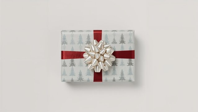 Wrapped gift box with a red ribbon, silver bow, and Christmas tree pattern.