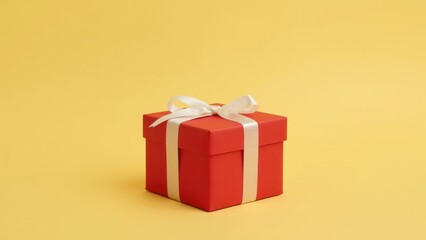 Fototapeta premium Red gift box with white ribbon on yellow background.