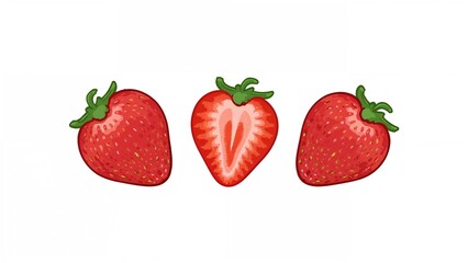 Three strawberries, one whole and one sliced in half, showcasing their red color and green leaves.
