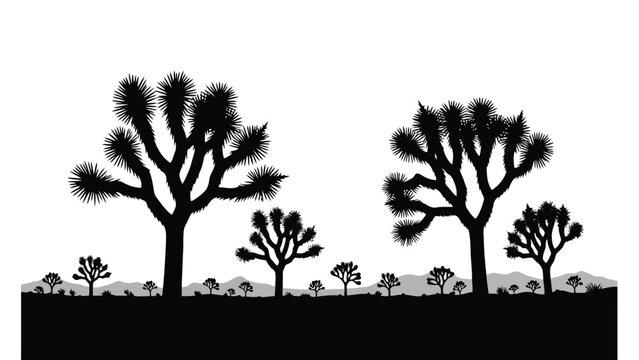 Black silhouettes of spiky Joshua trees standing in an arid desert landscape with distant grey mountains, flat vector illustration, isolated on white background