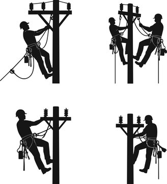 Silhouette electrical lineworkers climbing utility poles performing maintenance, safety gear lineman teamwork on power lines professional energy industry illustration