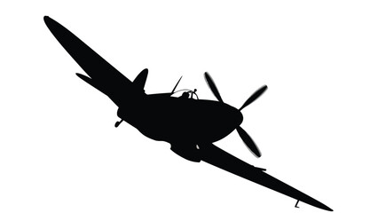 Detailed black silhouette of a vintage WWII Spitfire fighter plane banking in flight, military aviation concept, flat vector illustration, isolated on white background