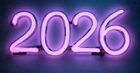 Bright pink neon sign displays year 2026. Dark background enhances glowing numbers, creating futuristic vibe. Simple, bold presentation.