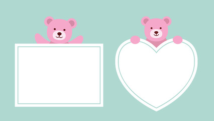 Valentines day pink bear holding heart and square shape blank sign flat vector illustration.
For celebrating Valentine's Day, wedding or birthday.
