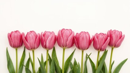 Fototapeta premium Pink tulips in bloom with green leaves against a white background.