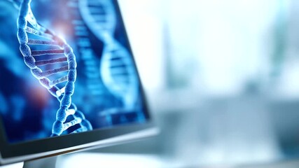 Computer monitor displaying complex DNA defocused strands charts, faceless data analysis, graphs visualization detail, blurred research background, medical concept, innovation inte - Powered by Adobe