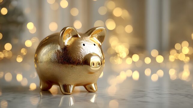 Glistening golden piggy bank rests on reflective surface against bright bokeh background