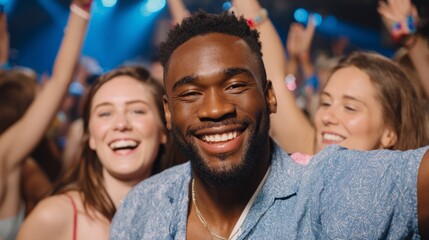 Man at concert, smiling, crowd behind him.