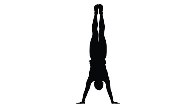 Black silhouette of a gymnast performing a vertical handstand pose with pointed toes and straight legs, vector illustration, isolated on white background